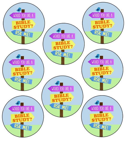 2.25" Pin Badges with "Would You Like a Bible Study? Ask Me!" - Pack of 20