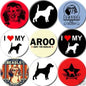 Set of nine beagle pinback buttons, round designs with beagle silhouettes and slogans.
