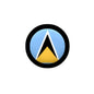 St. Lucia flag pinback badge, round black border with blue and yellow emblem