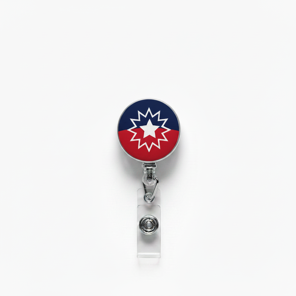 Juneteenth badge reel with round face, navy/red star, metal clip and retractable cord