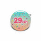 29ish button pinback badge with confetti burst design and safety pin back