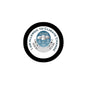 Round 2.25-inch pinback button with black rim and circular climate infographic with text