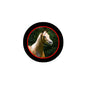 2.25-inch pinback button: white-and-brown horse portrait in red-bordered circle