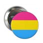 Pansexual flag pinback button badge, round, with pink, yellow, blue stripes