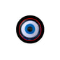 Round evil eye pin with blue eye center, red ring, and black outer border