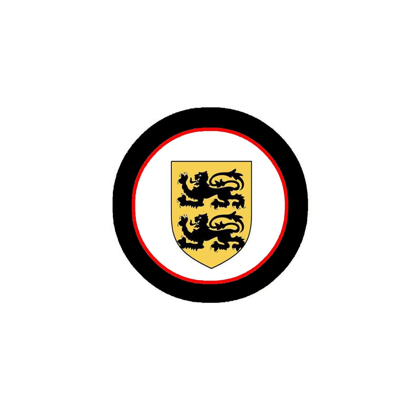 Coat of arms magnet with black ring, red border, and yellow shield emblem