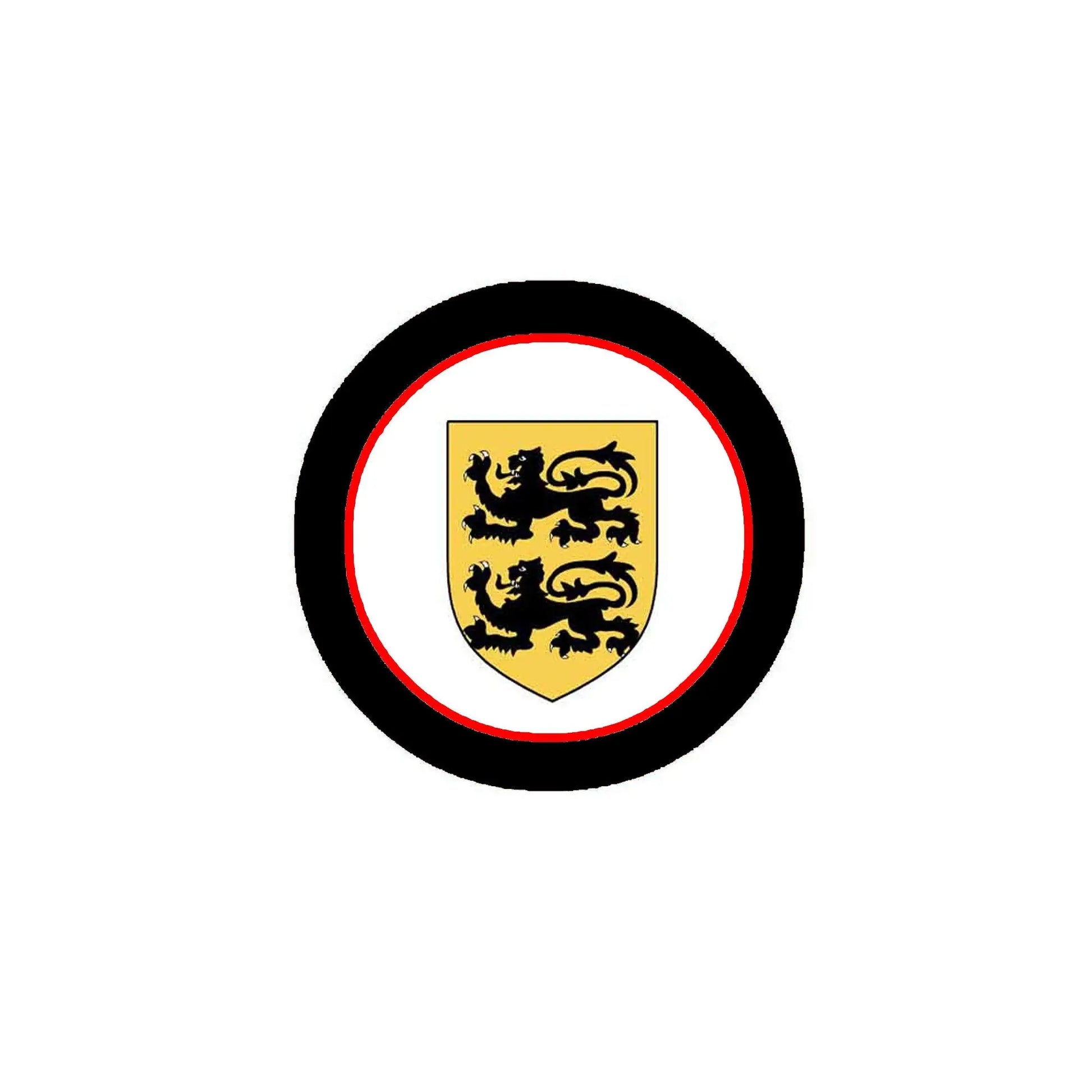 Coat of arms magnet with black ring, red border, and yellow shield emblem