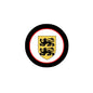 Coat of arms magnet with black ring, red border, and yellow shield emblem