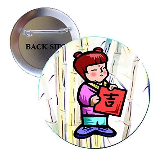 Asian Little Girl Pinback Button Brooch 1.25"