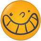 Yellow smiley face pinback button with heart accents