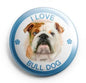 Bulldog pinback button badge, blue rim, bulldog portrait with 'I LOVE BULL DOG' text