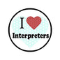 Interpreters pinback button with red heart and 'I' on blue dots
