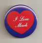 Red heart pinback button with blue border, text "I Love Mark".