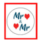 1.25-inch pinback button with blue “Mr” text and red heart icons on a white circle