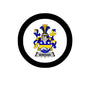 Circular coat of arms crest magnet with blue and gold shield and black border