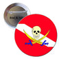 Pirate flag pinback button brooch, red with white skull and crossed yellow swords