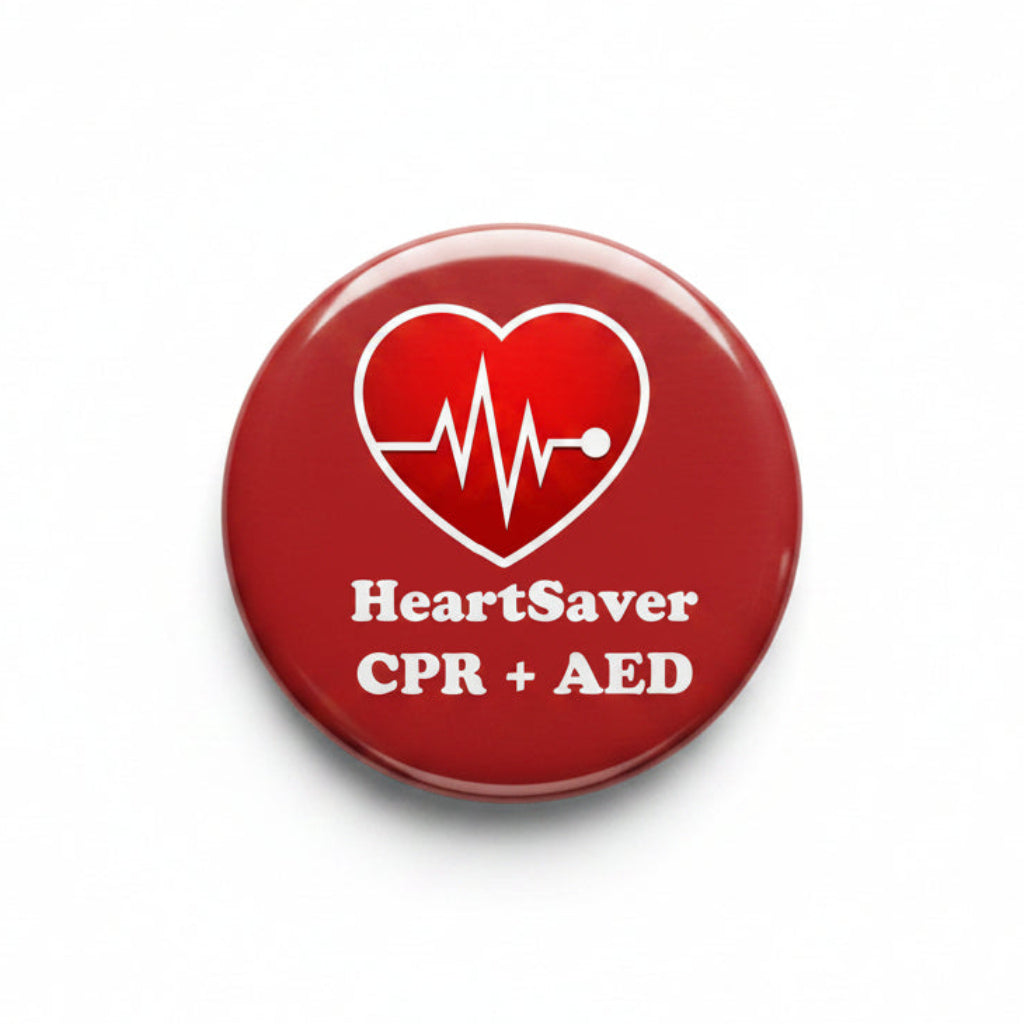 Red circular CPR+AED pinback brooch with white heart/ECG and HeartSaver text