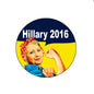 Round campaign button with Hillary 2016 text and Rosie-style portrait in red bandana