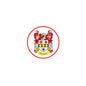 Round coat of arms pinback badge with red border and Thwaites crest
