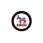 Circular Democrat logo lapel pin with black border, blue donkey, red trim, “DEMOCRAT” text