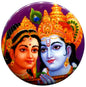 Round Vishnu and Lakshmi pinback button with blue and orange deity portraits