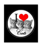 Cat pinback badge with three gray kittens, red heart, and “I ♥ Cats” text