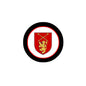 3-inch circular coat of arms fridge magnet, black ring with red shield and gold lion