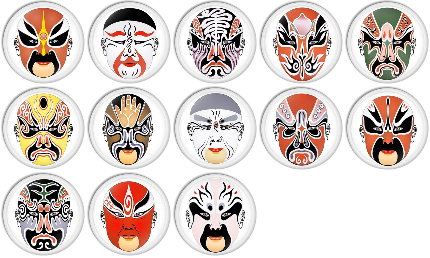 Chinese Opera Mask Designs #4 Pinback Buttons Badges/Pin 1 Inch (25mm) Set of 13 New