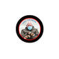Round black button pin with photo of masked person and text 'FEEL THE BERN'