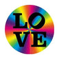 Colorful tie-dye LOVE button pinback with rainbow rays and dark letters