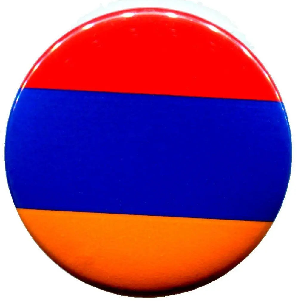 Round Armenia flag enamel pin with red, blue, and orange horizontal stripes