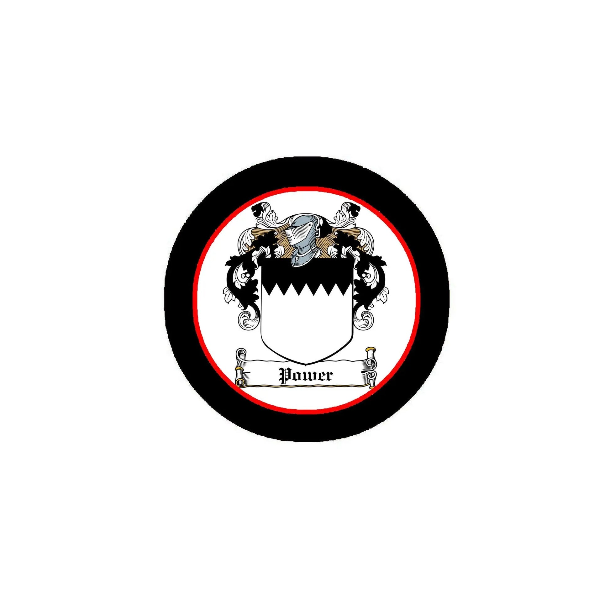 Round pinback badge brooch with black frame, red ring, and Power coat of arms