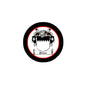 Round pinback badge brooch with black frame, red ring, and Power coat of arms