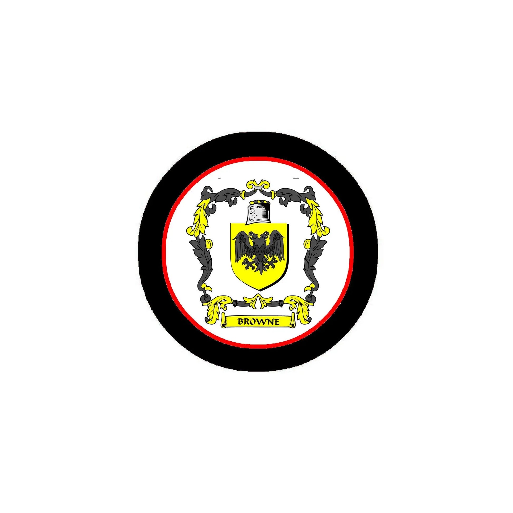 Browne family crest coat arms round magnet with black frame and yellow shield
