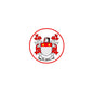 Round pinback badge with red-and-white family crest, shield and stars