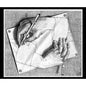 Square mouse pad featuring a black-and-white drawing of hands in Escher style