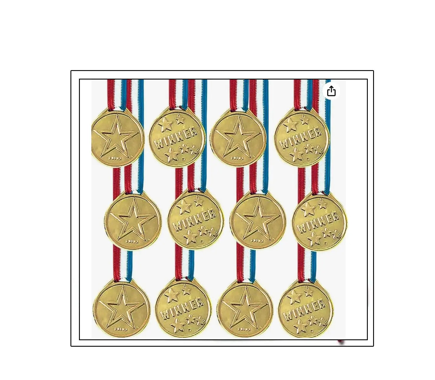 Gold plastic winner medals with star emblems and striped red-blue-white ribbons, set of 12