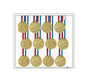 Gold plastic winner medals with star emblems and striped red-blue-white ribbons, set of 12