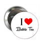 Round silver pinback badge with "I heart Bubble Tea" graphic