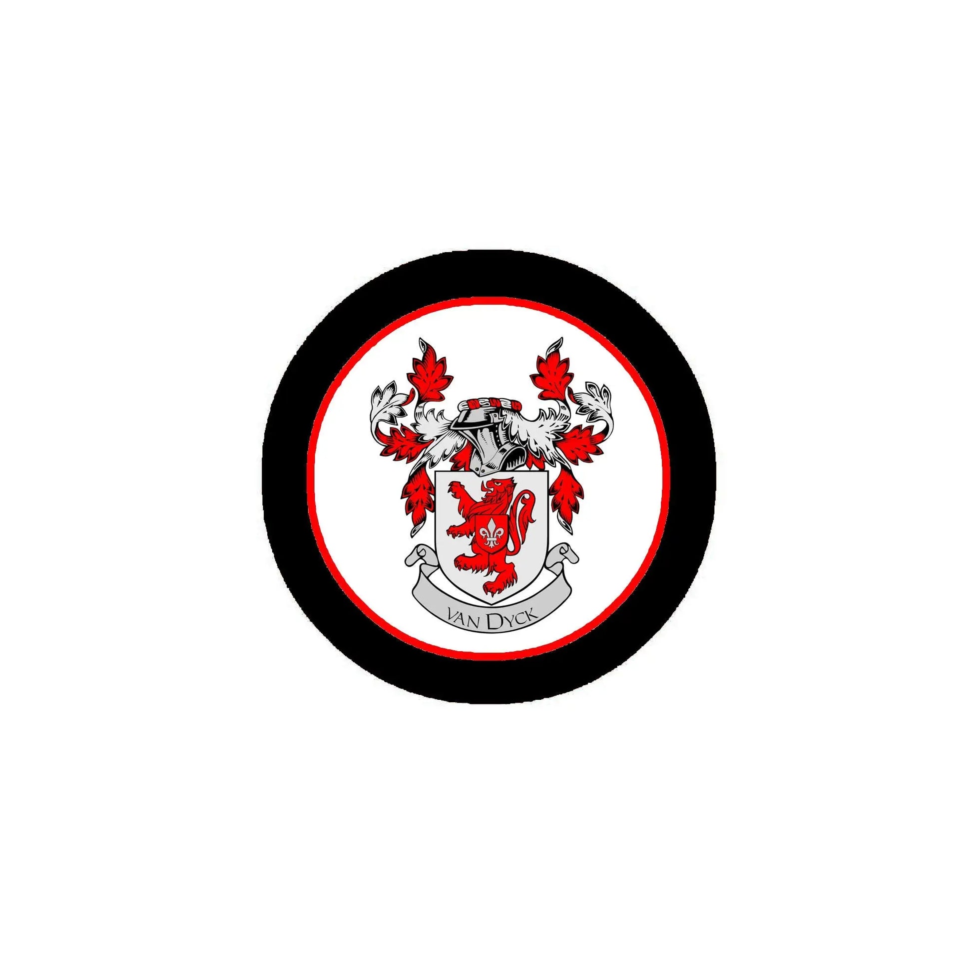 Round crest pinback badge with red and white family coat of arms and black rim