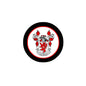 Round crest pinback badge with red and white family coat of arms and black rim