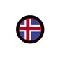 Iceland flag pinback button with round black rim and blue-white-red cross