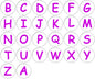 Violet upper-case alphabet pinback buttons with letters in circular badges