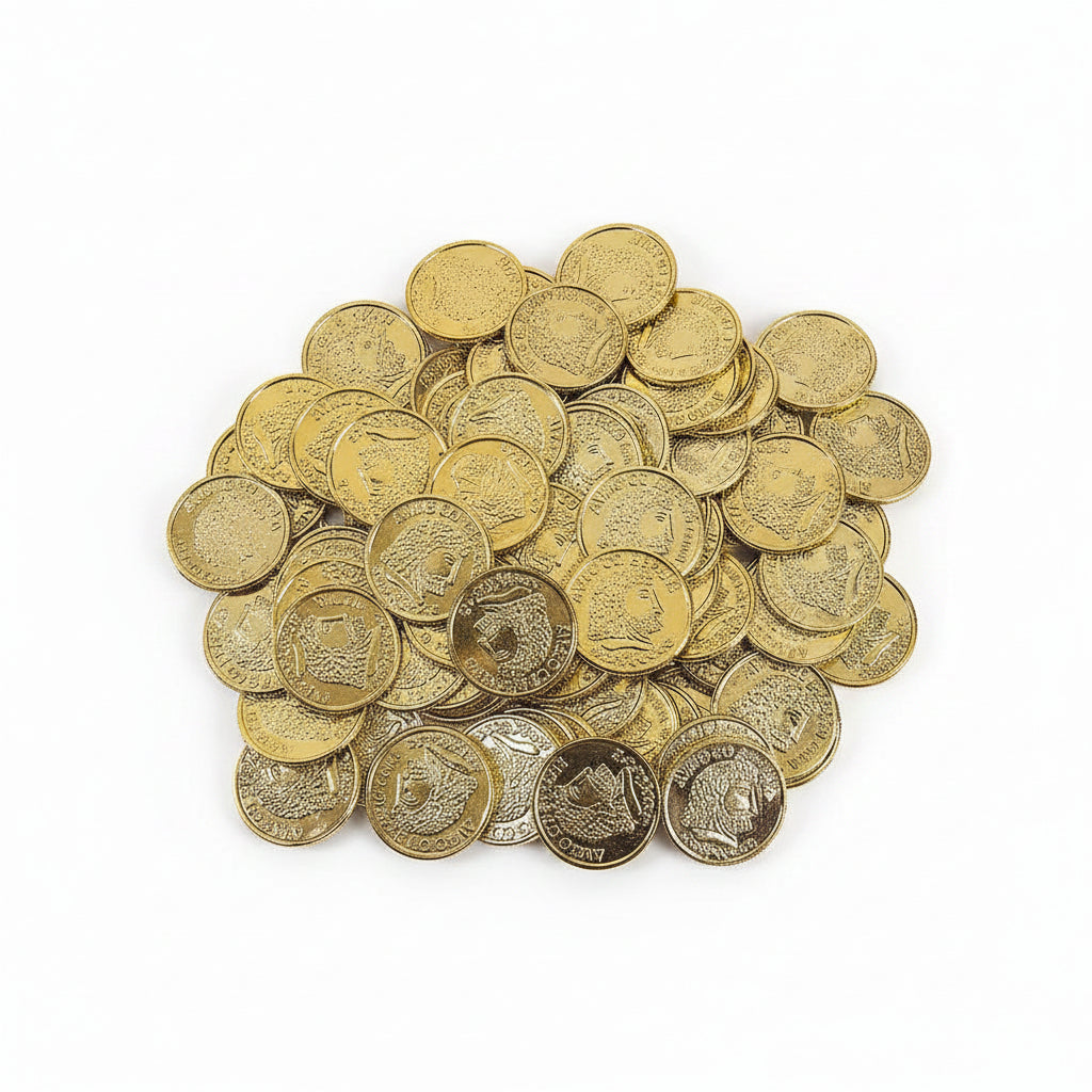 Round plastic gold coins with embossed designs