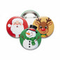 Set of three Christmas character pinback buttons: Santa, snowman, and reindeer, 2.25-inch