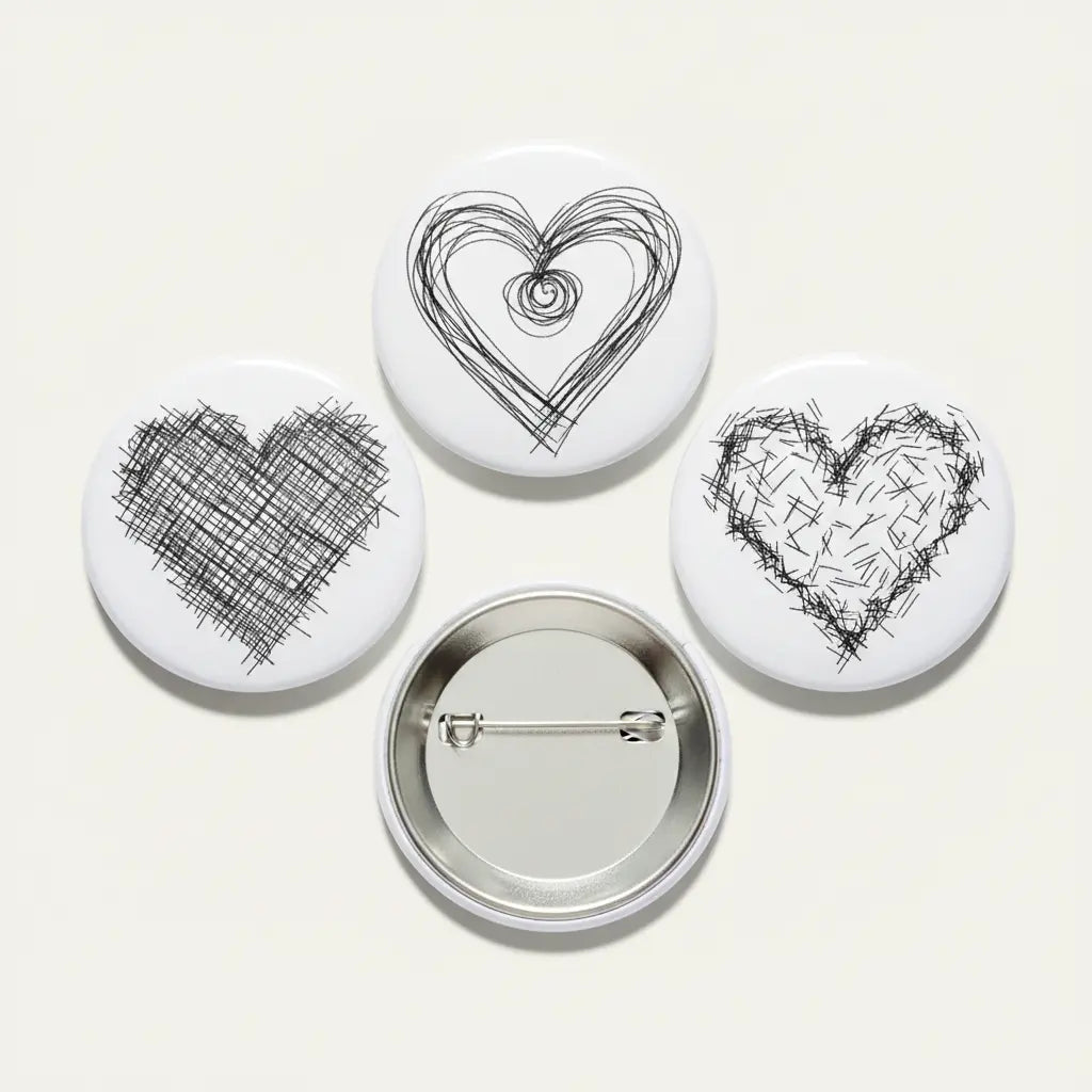 Heart scribble pinback set, 2.25-inch: three white buttons with black heart designs