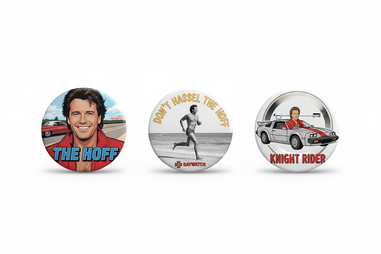 Three circular novelty pins on a white background: one with a portrait and the text 'THE HOFF', one with a black-and-white runner and the text 'DON'T Hassel the Hoff' plus a small 'Hoff' logo, and one with a silver DeLorean and the text 'KNIGHT RIDER'.