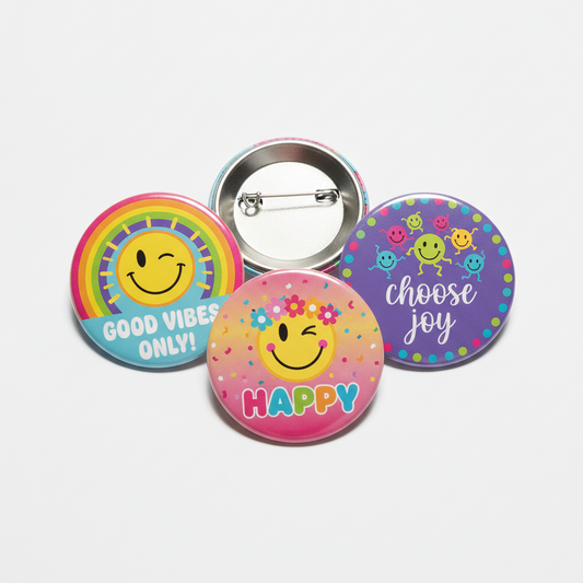 Three 2.25-inch pinback buttons with smiles and messages: Choose joy, Happy.