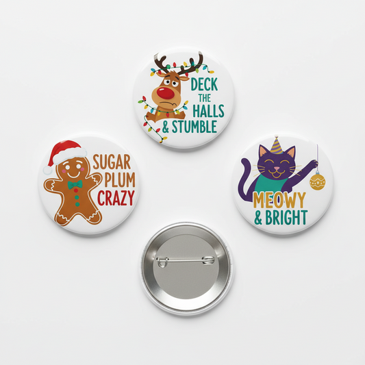 Festive pinback button set (3-pack): reindeer, gingerbread, cat designs with clasp back