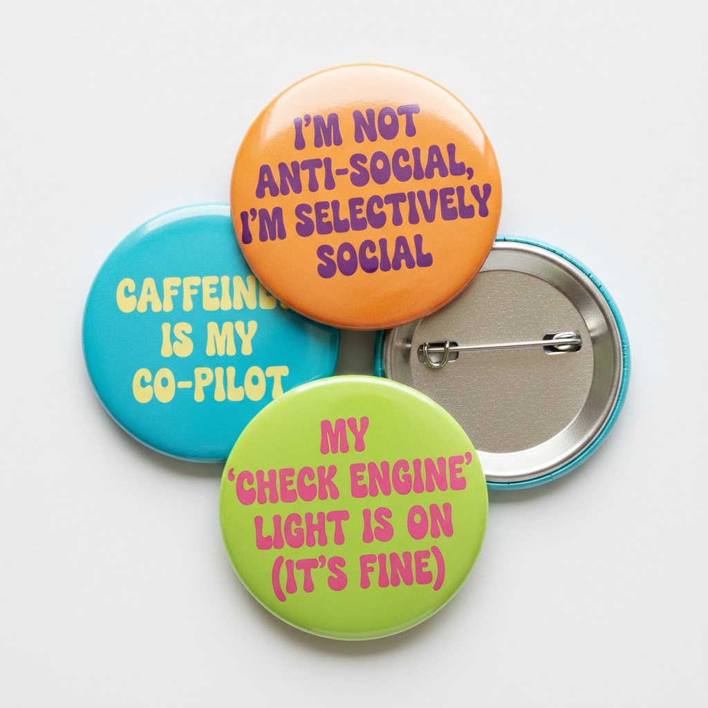 3-piece funny slogan pinback buttons, 2.25-inch: orange, teal, and green round badges